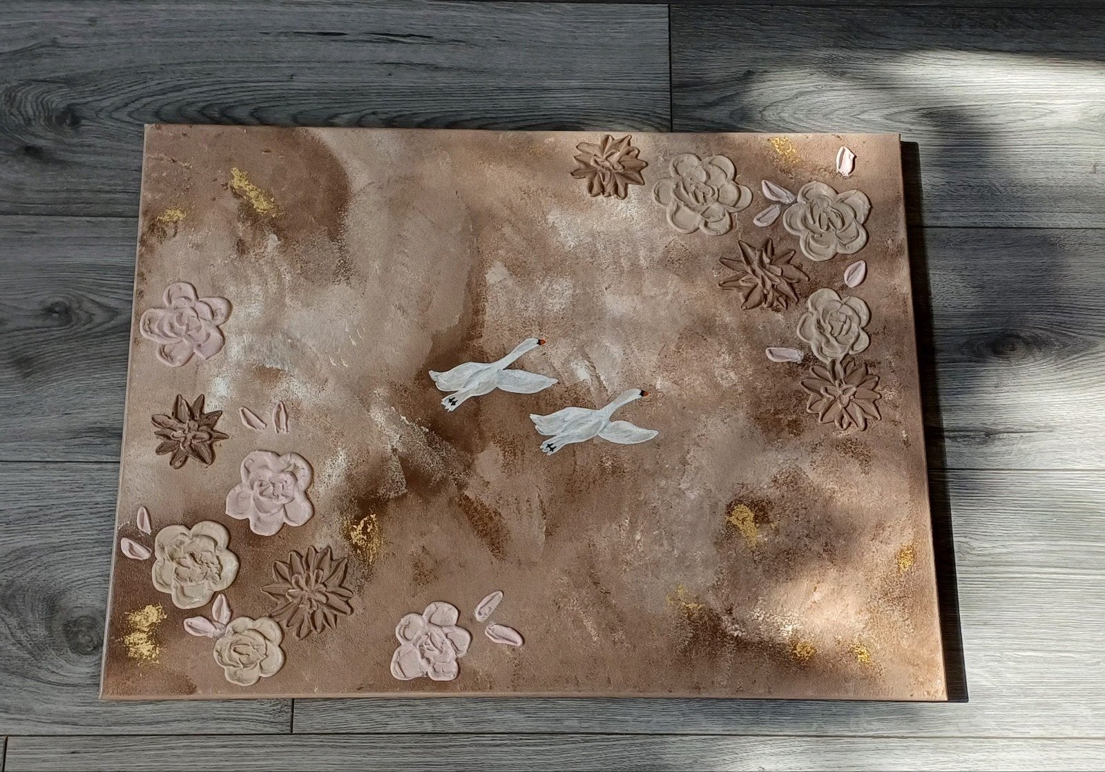 Schilderij aardetinten & bladgoud, Acrylverf, 3D-effect, Ophalen of Verzenden, Overige materialen