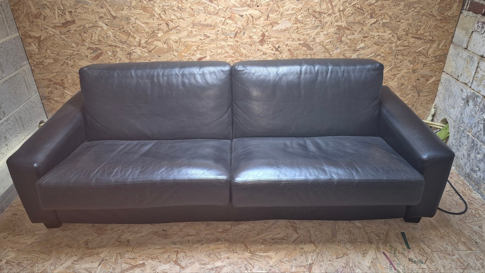 Zwarte leren 3-zits bank, Ophalen, Gebruikt, Driepersoons, 200 tot 250 cm
