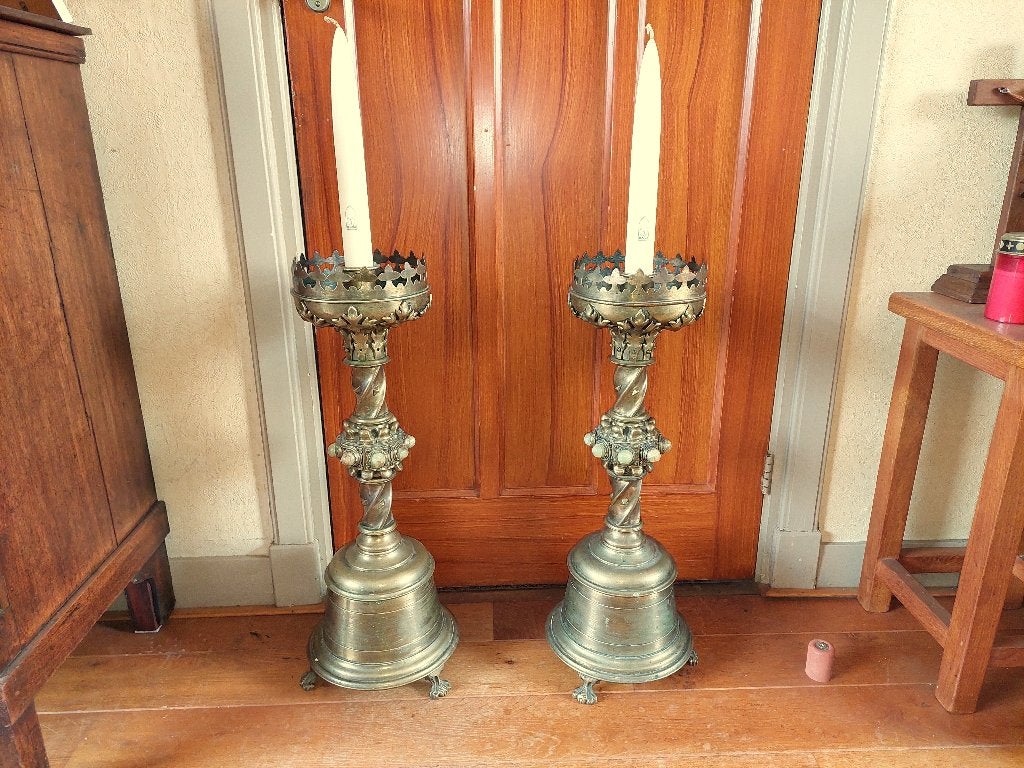 Gelijk stel bronzen kandelaars / 69 centimeter hoog, Ophalen of Verzenden, Koper of Brons