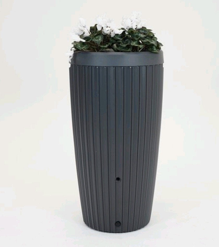 Zo goed als nieuwe regenton met bloempot - Antraciet, Tuin en Terras, Ophalen, Kunststof, Met kraantje, 150 liter of meer