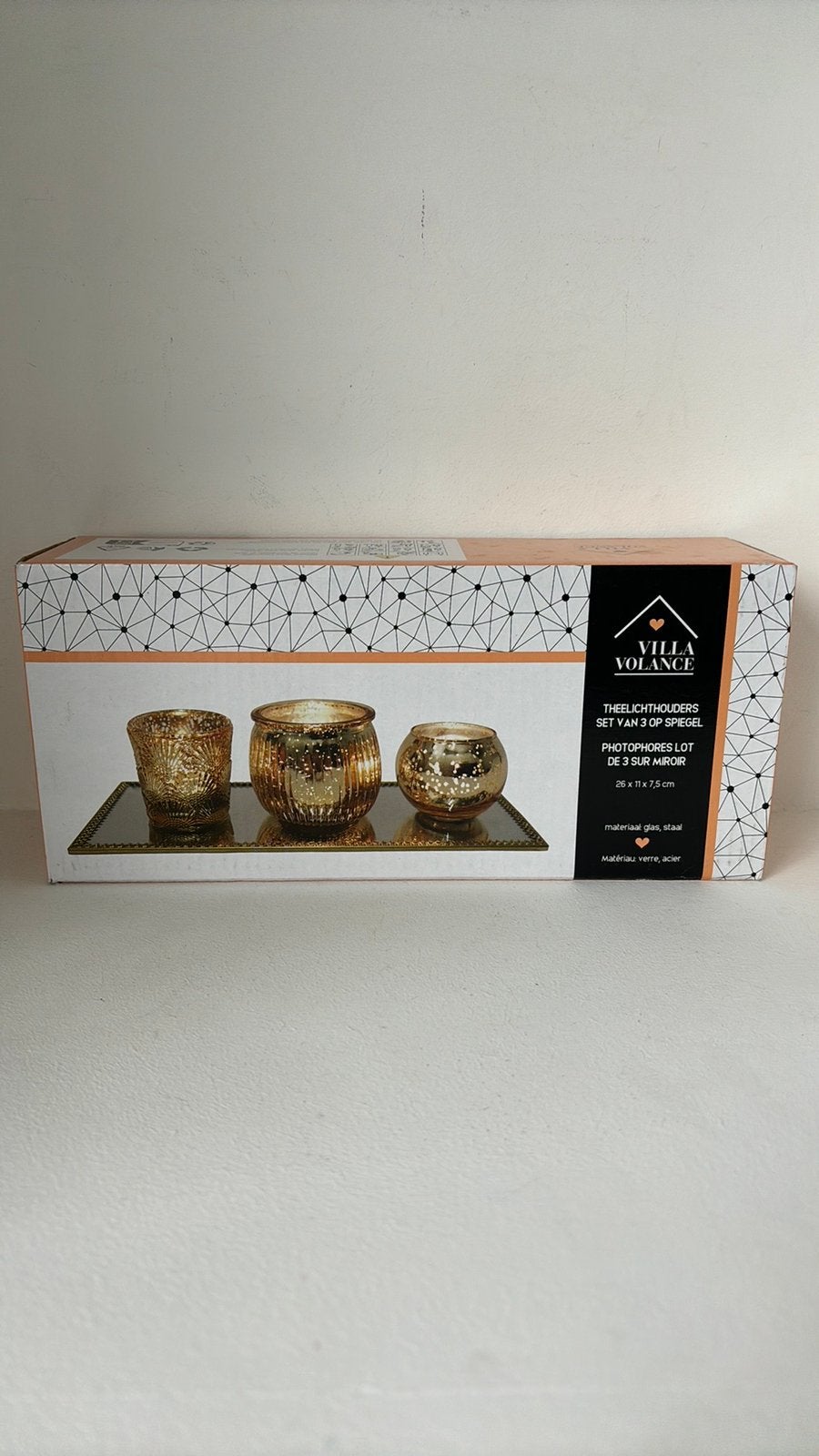 Villa Volance Theelichthouders set van 3 op spiegel (nieuw), Ophalen of Verzenden, Zo goed als nieuw, Overige materialen, Minder dan 25 cm