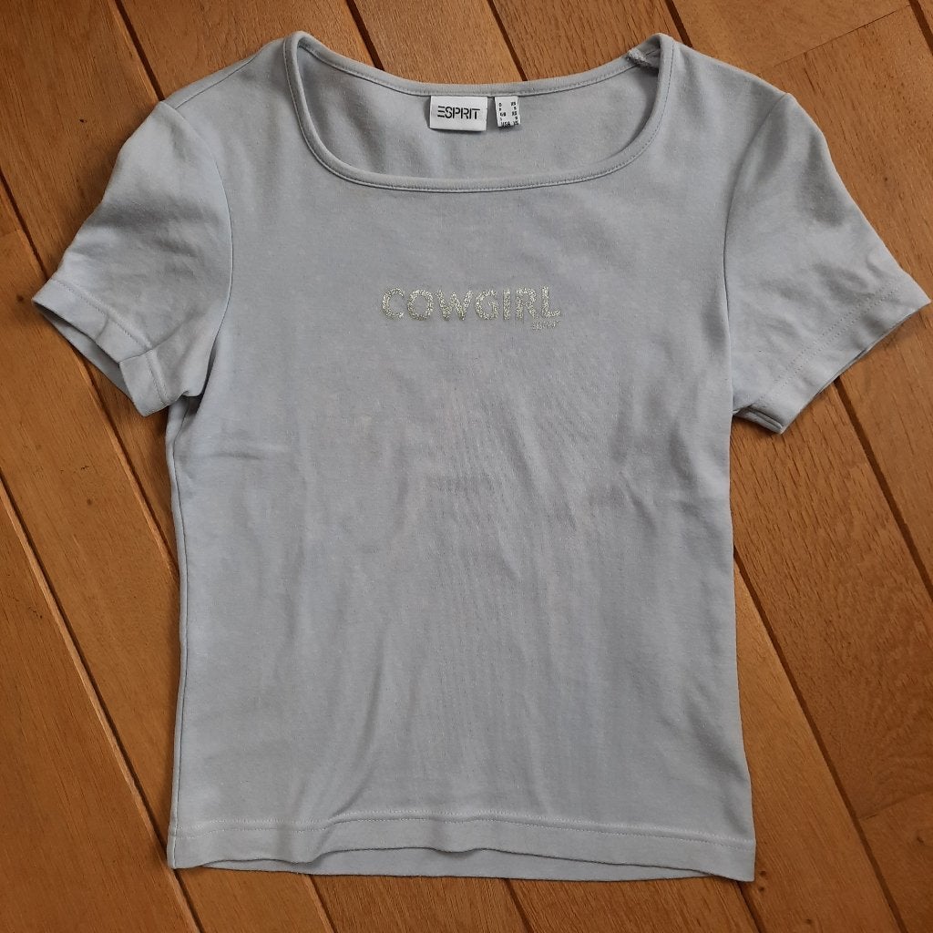 ESPRIT t- shirt blauw met cowgirl maat XS, Blauw, Ophalen of Verzenden, Zo goed als nieuw, Korte mouw