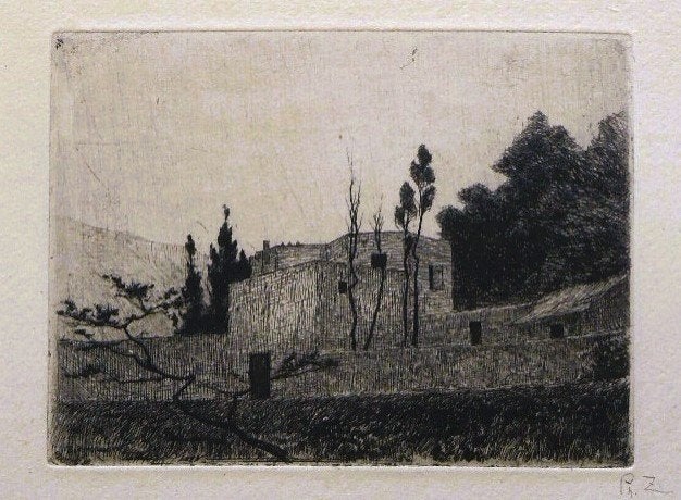 Philippe Zilcken ets "À Bir-Mandreis", met monogram, Ophalen, 1800 - 1899, Ets, Stadsgezicht