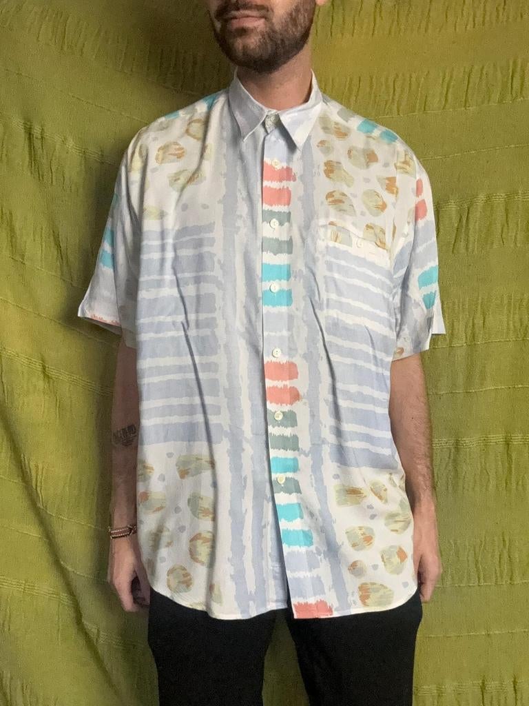 Vintage overhemd, Maat L - patroon - blauw, oranje - 90's, Blauw, Onbekend, Bodoni Linea, Ophalen of Verzenden