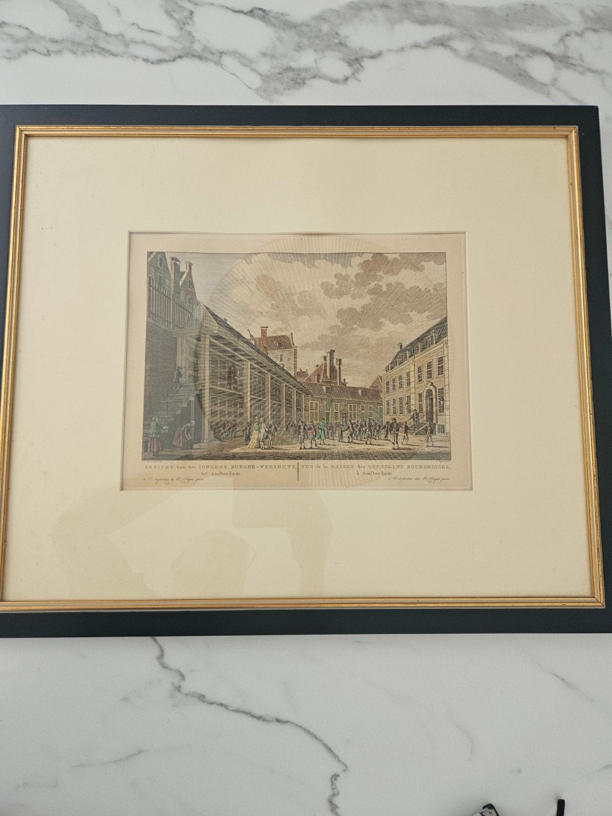 Burgerweeshuis Amsterdam in lijst - Historische prent, Ophalen, Ingelijst, 1700 - 1799, Overige technieken