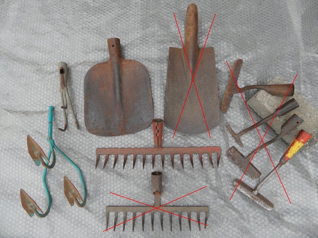 tuingereedschap: spade - 2x hark - drietand / cultivator, Ophalen of Verzenden, Gebruikt, Overige soorten