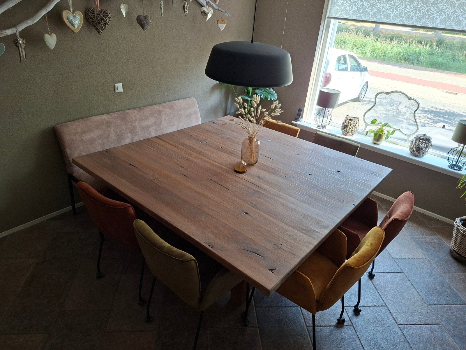 Unieke massief eiken eettafel 180x180 cm - whitewash look, Ophalen, Nieuw, 50 tot 100 cm, 150 tot 200 cm