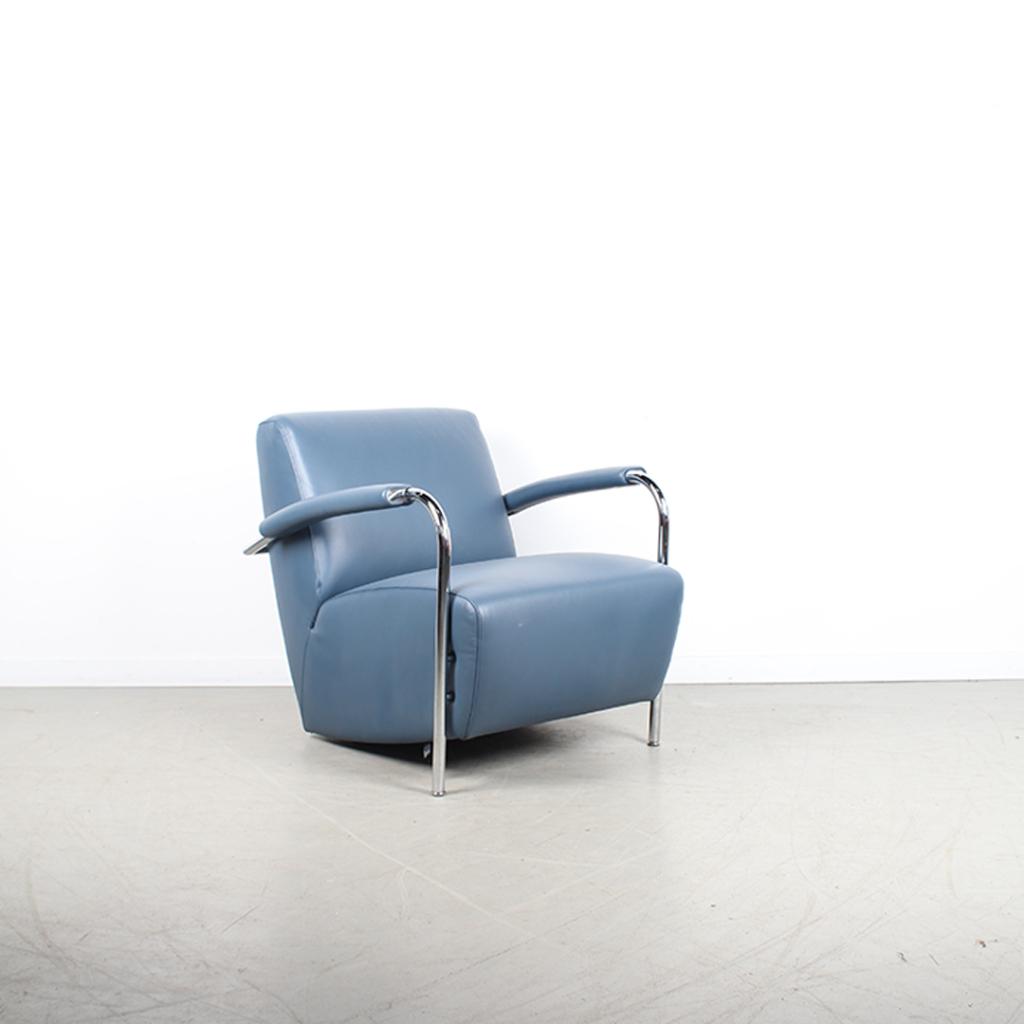 2x Leolux Scylla Fauteuil Blauw Leer – Chroom, Huis en Inrichting, Fauteuils, Niet ingevuld, Niet ingevuld, Ophalen of Verzenden