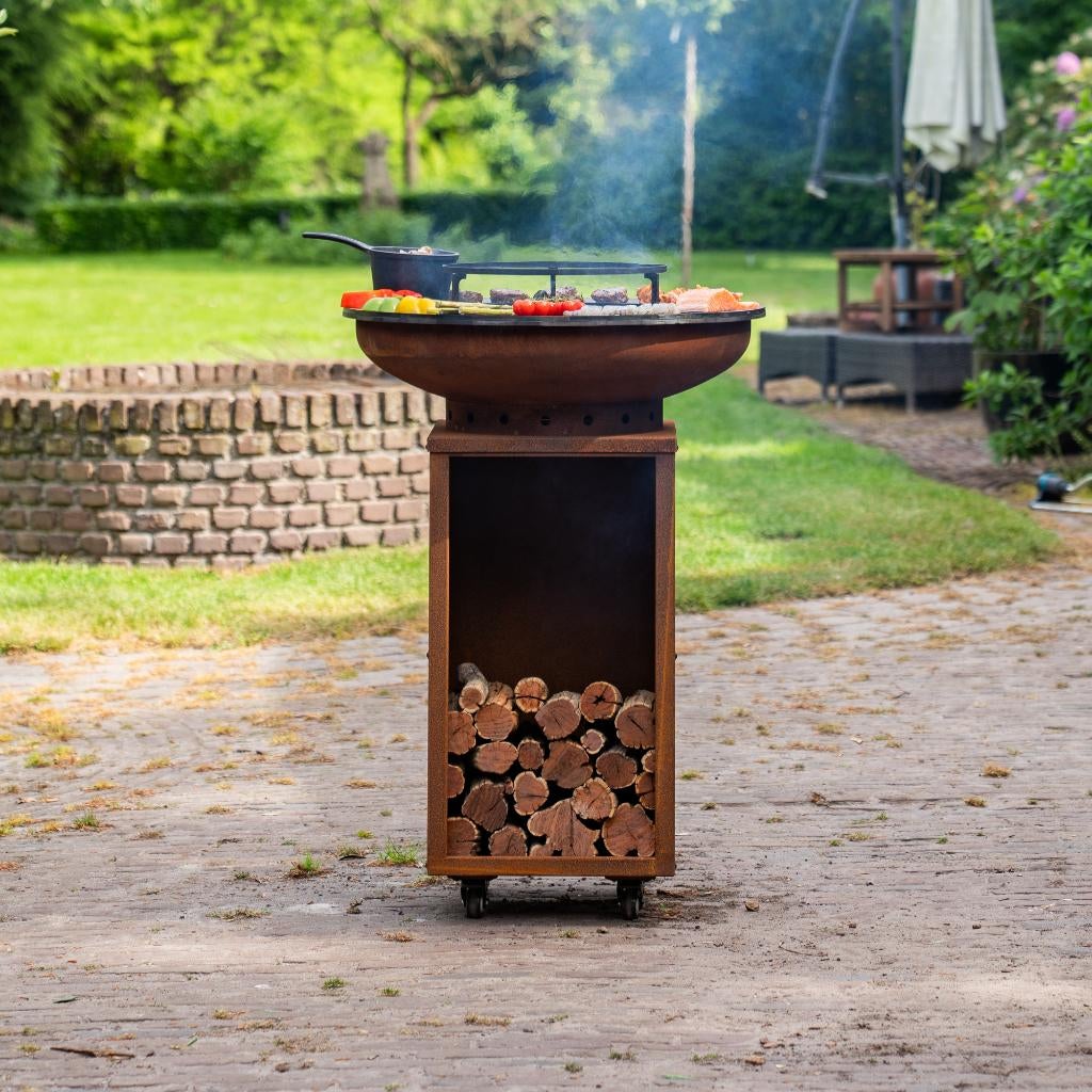 bbq Plancha Camarada Cortenstaal met wielen en houtopslag NW, Tuin en Terras, Ophalen of Verzenden, Nieuw, RJRoyal Living, Met accessoires