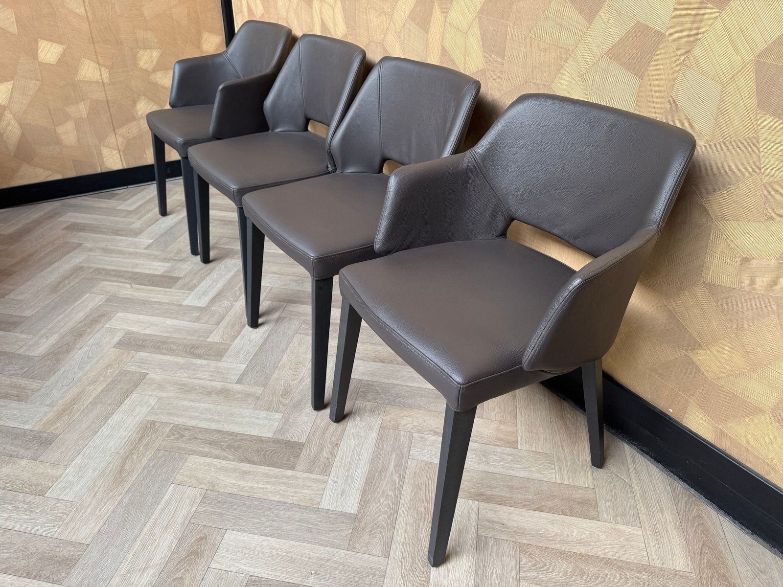 4 Luxe Mobitec Lena eetkamerstoelen – Echt leder – Eiken, Nieuw, Hout, Ophalen of Verzenden, Vier