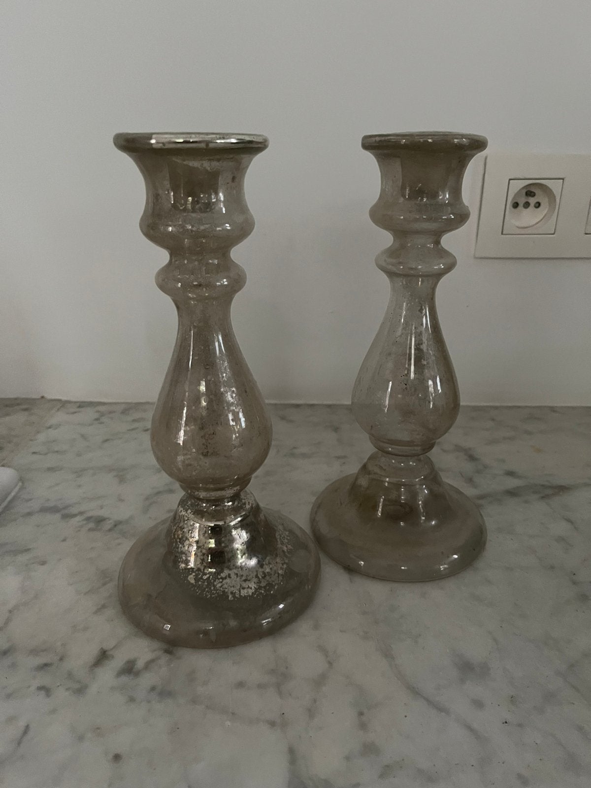 ANTIEKE KANDELAARS 2 STUKS ZILVER GLAS AUTHENTIEK, Ophalen of Verzenden, Glas