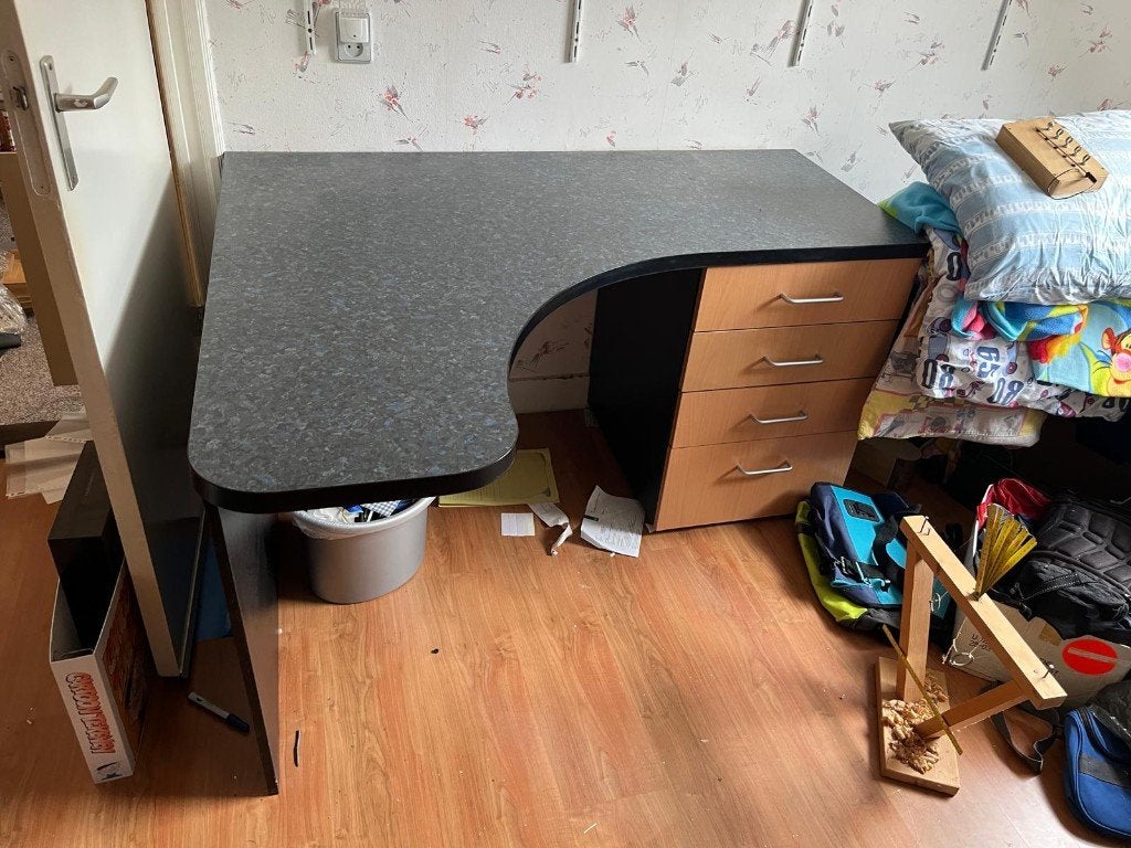 Hoekbureau granietlook (blauw/zwart) met ladeblok, Ophalen, Gebruikt, Demontabel, Hoekbureau