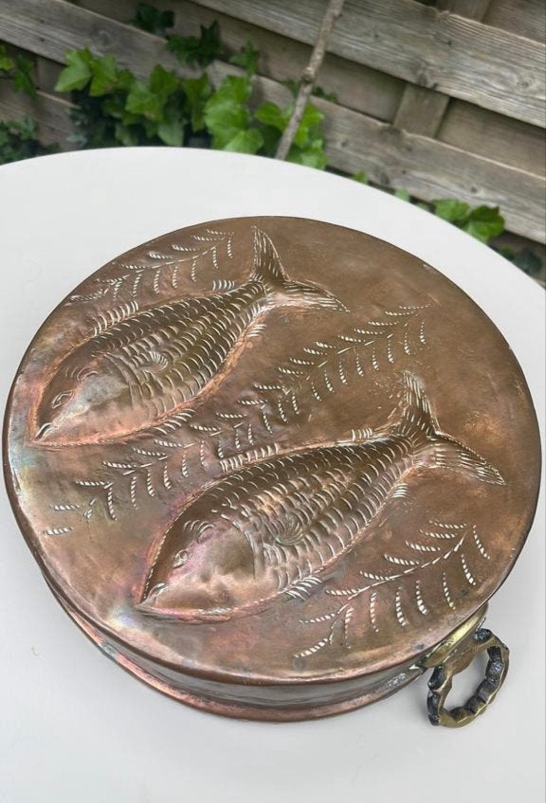 Vintage Koperen Vispan met Gedetailleerd Deksel, Antiek en Kunst, Antiek | Koper en Brons, Ophalen of Verzenden, Koper