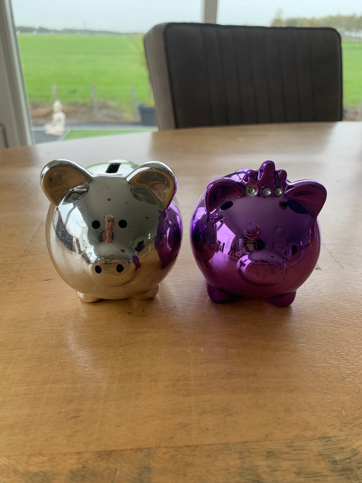 Paars en zilver spaarvarkentjes spaarpotjes Nieuw, Ophalen of Verzenden, Nieuw, Steen, Aardewerk of Keramiek, Dier