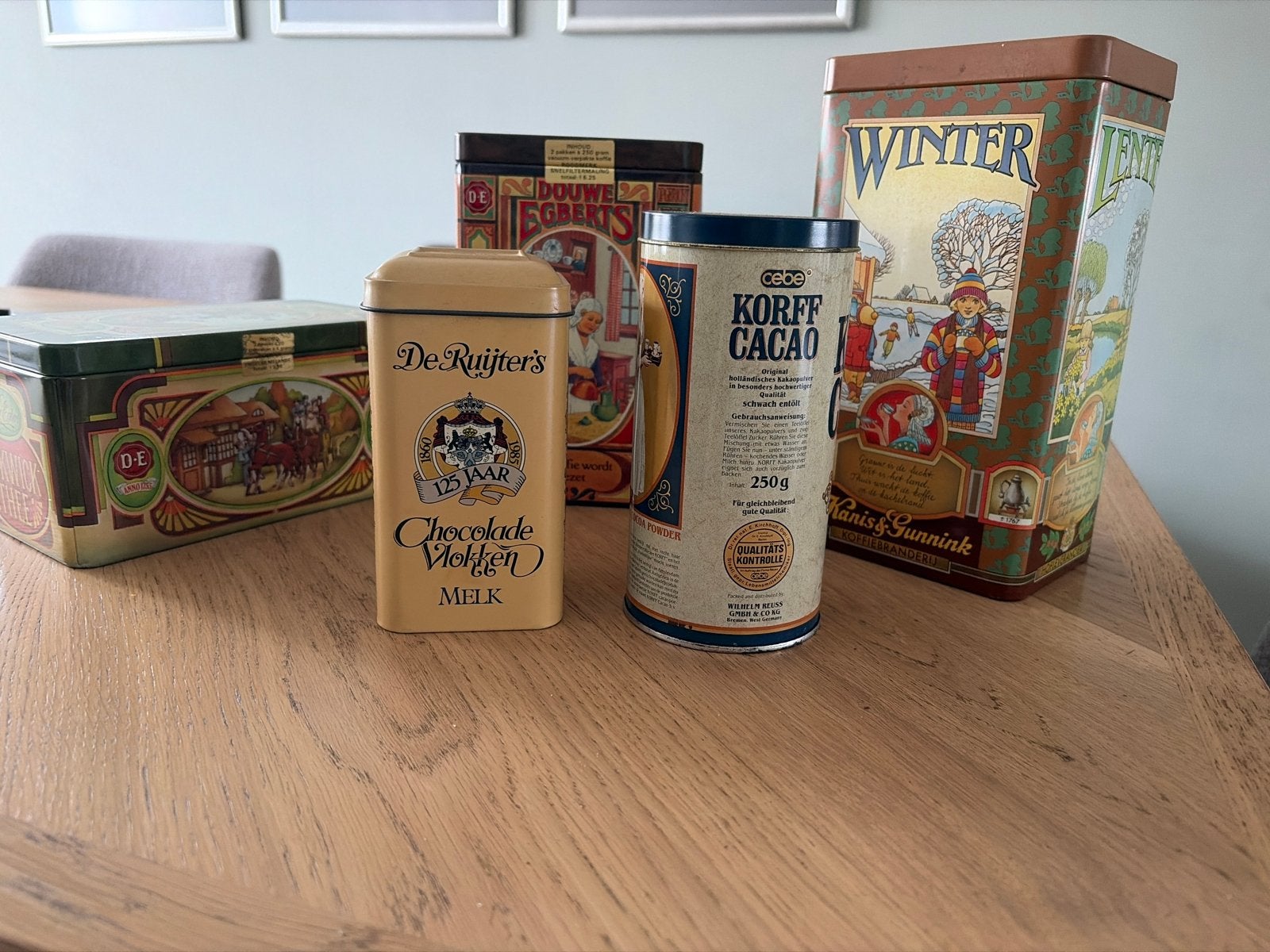 Set van 5 vintage blikken: Douwe Egberts, De Ruijter, Cebe, Ophalen of Verzenden, Gebruikt, Koffie, Douwe Egberts