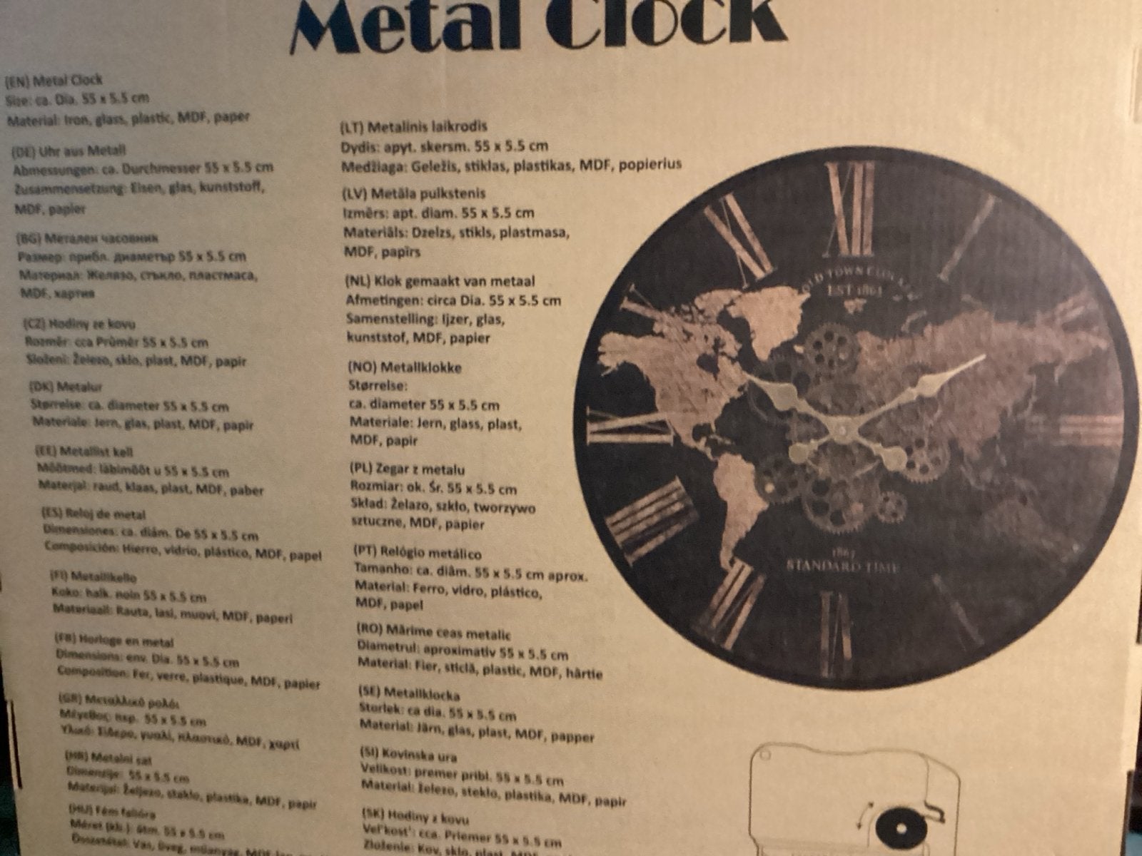 Grote metalen wandklok met wereldkaart en tandwielen, Ophalen, Wandklok, Zichtbaar uurwerk, Bruin