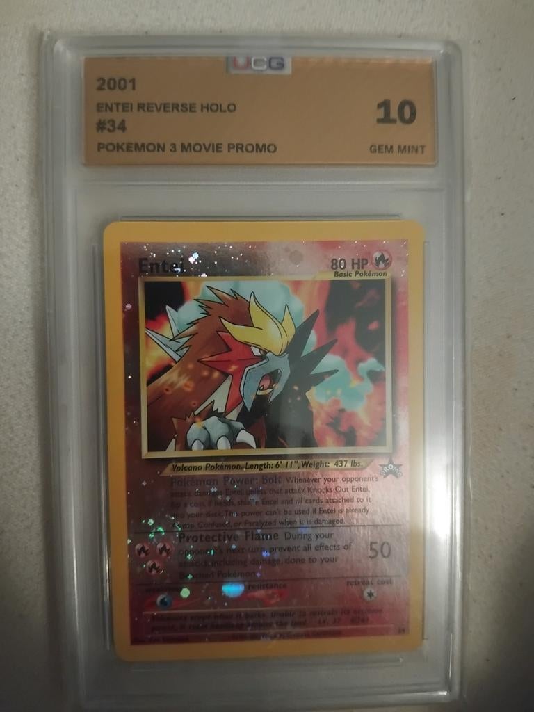 2001 Entei Reverse Holo #34 Pokémon 3 Movie Promo UCG 10, Ophalen of Verzenden, Nieuw, Losse kaart, Foil
