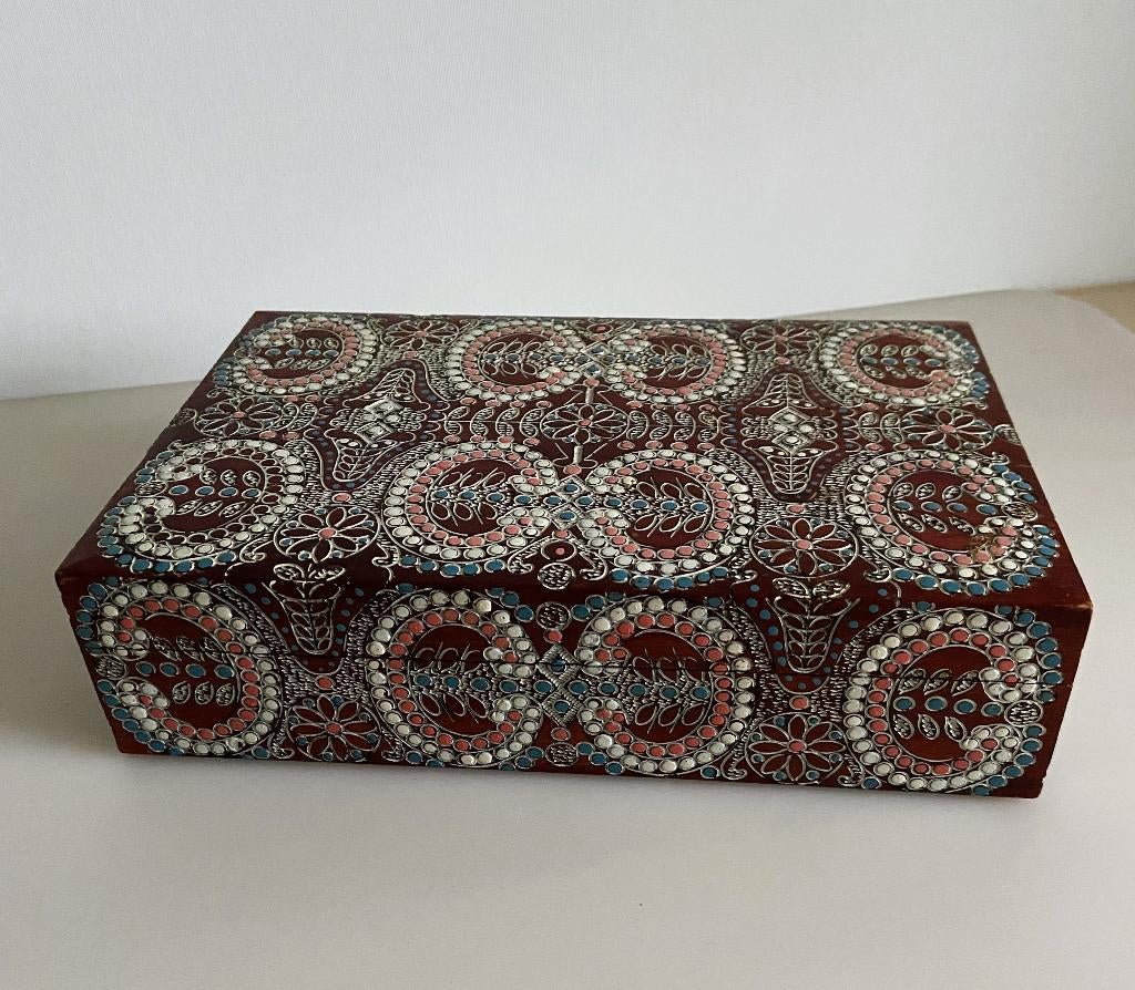 Vintage Frans Mandala Kistje  Sieraden Doos Hout 28 cm, Verzenden
