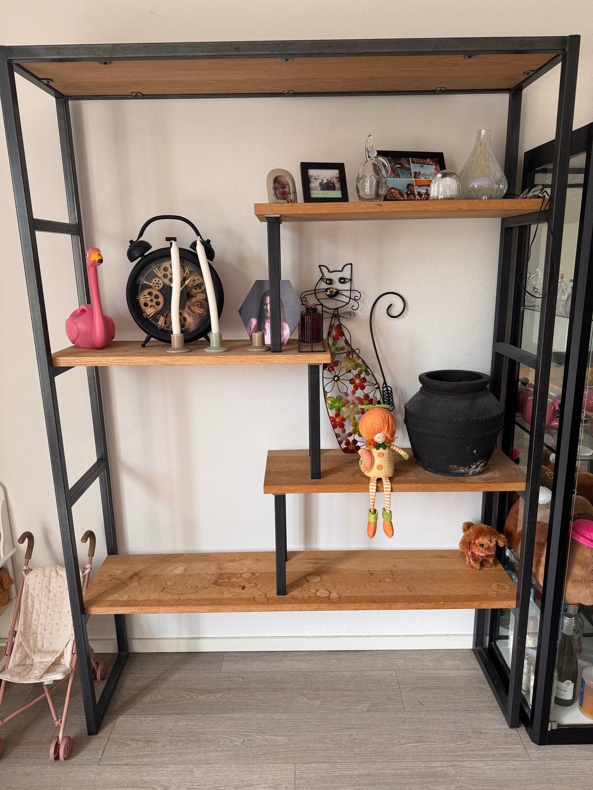 Industriële Open Kast met Houten Planken en sidetable, Ophalen, Met plank(en), Gebruikt, 100 tot 150 cm