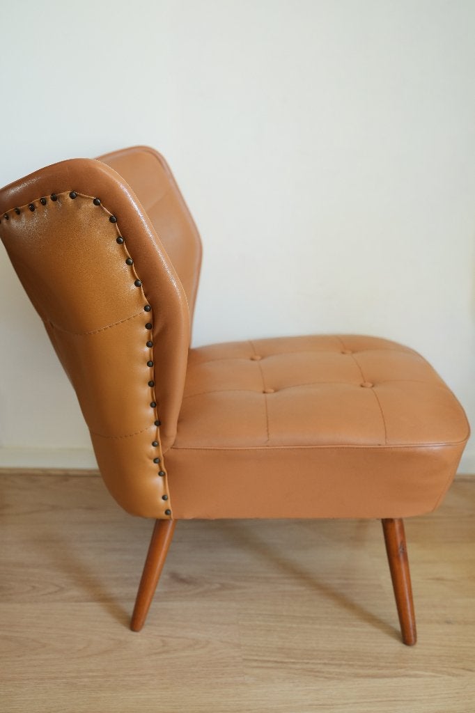 Vintage cocktail stoel – Cognac skai jaren '50 stijl, Ophalen, 75 tot 100 cm, Zo goed als nieuw, Leer