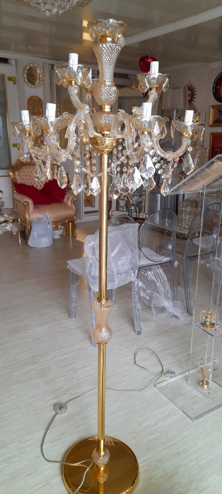 Swarovski antiek bladgoud kristal vloerlamp en lampje, Ophalen of Verzenden