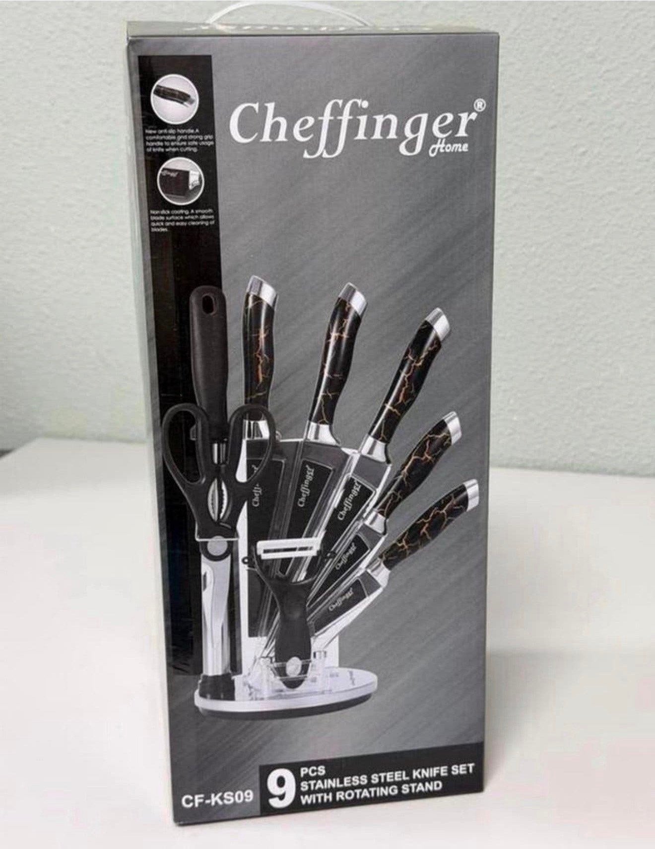 Cheffinger Messenset + voet 9-delig Zwart Rosé Goud Marmer, Huis en Inrichting, P, Bestekset, P, P