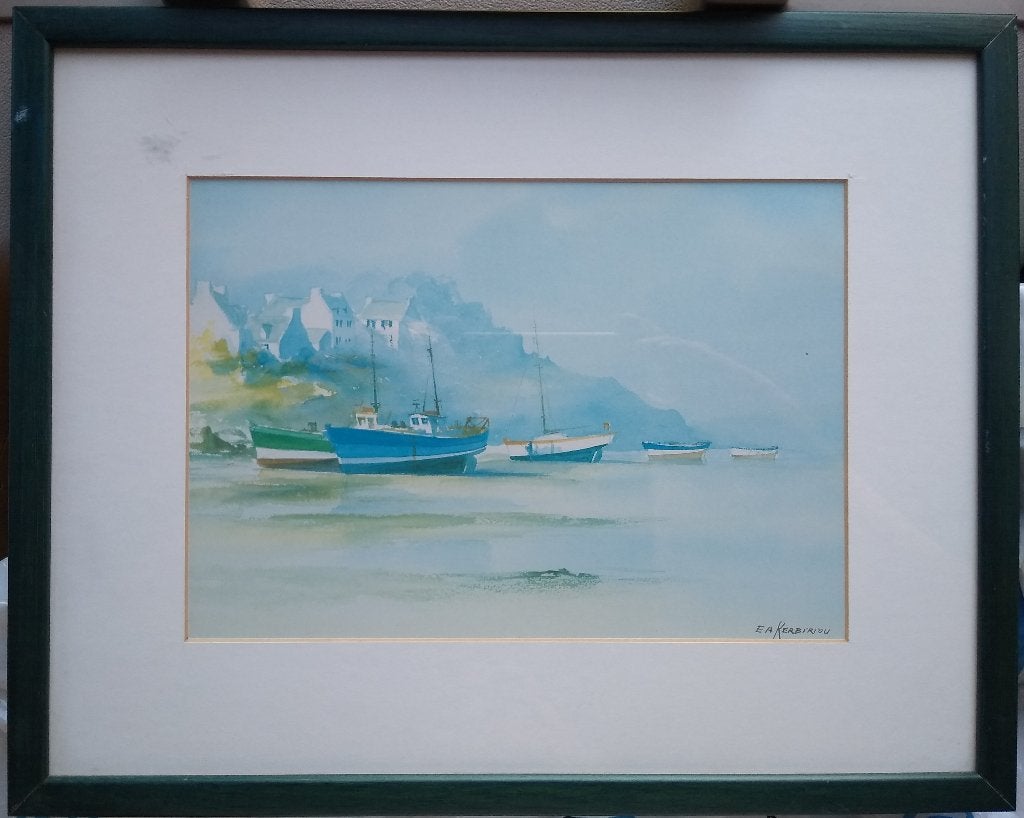 Originele Aquarel vissershaven Bretagne EA Kerbiriou 2, Ophalen of Verzenden