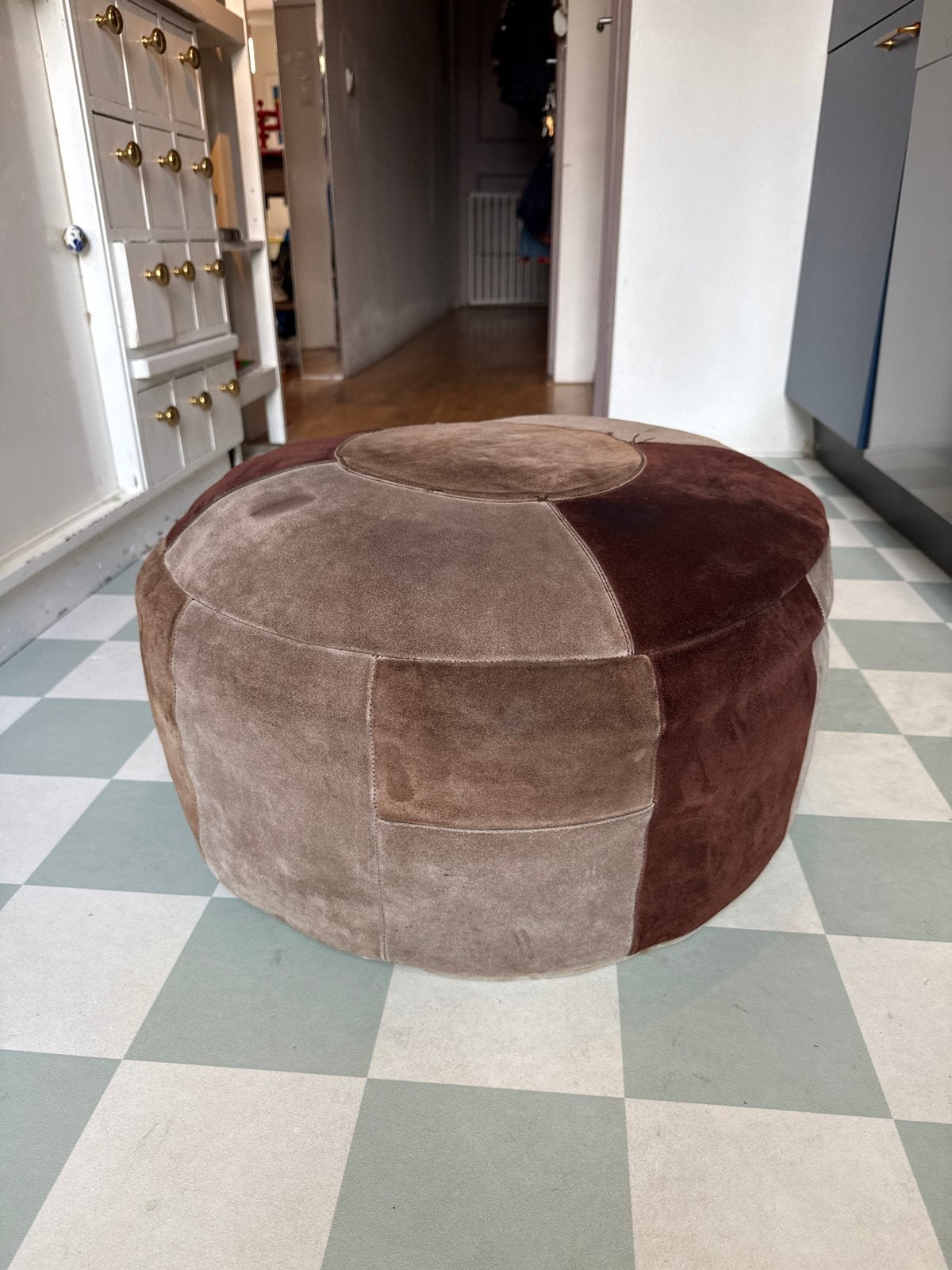Leren poef bruin patchwork, Ophalen, Gebruikt, Rond, Leer