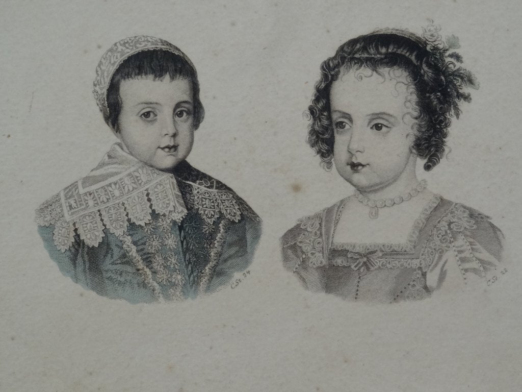 Gravure in kleur mode van drie kinderen uit 17e eeuw, Mode, Gravure, Origineel, 1600 - 1699