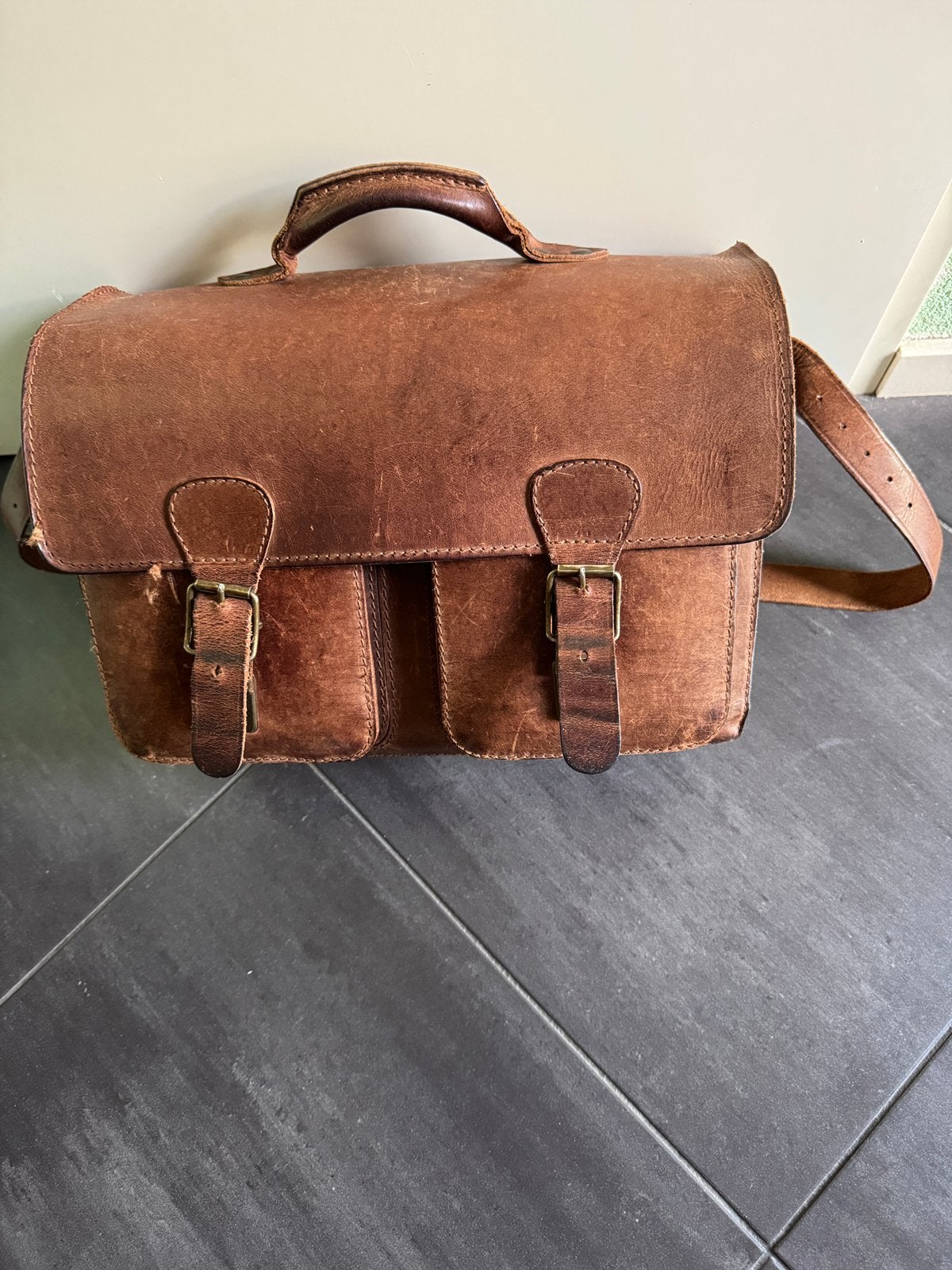 Stoere lederen Ruiter leraren tas, Ophalen, Gebruikt, Bruin, Aktetas of Boekentas