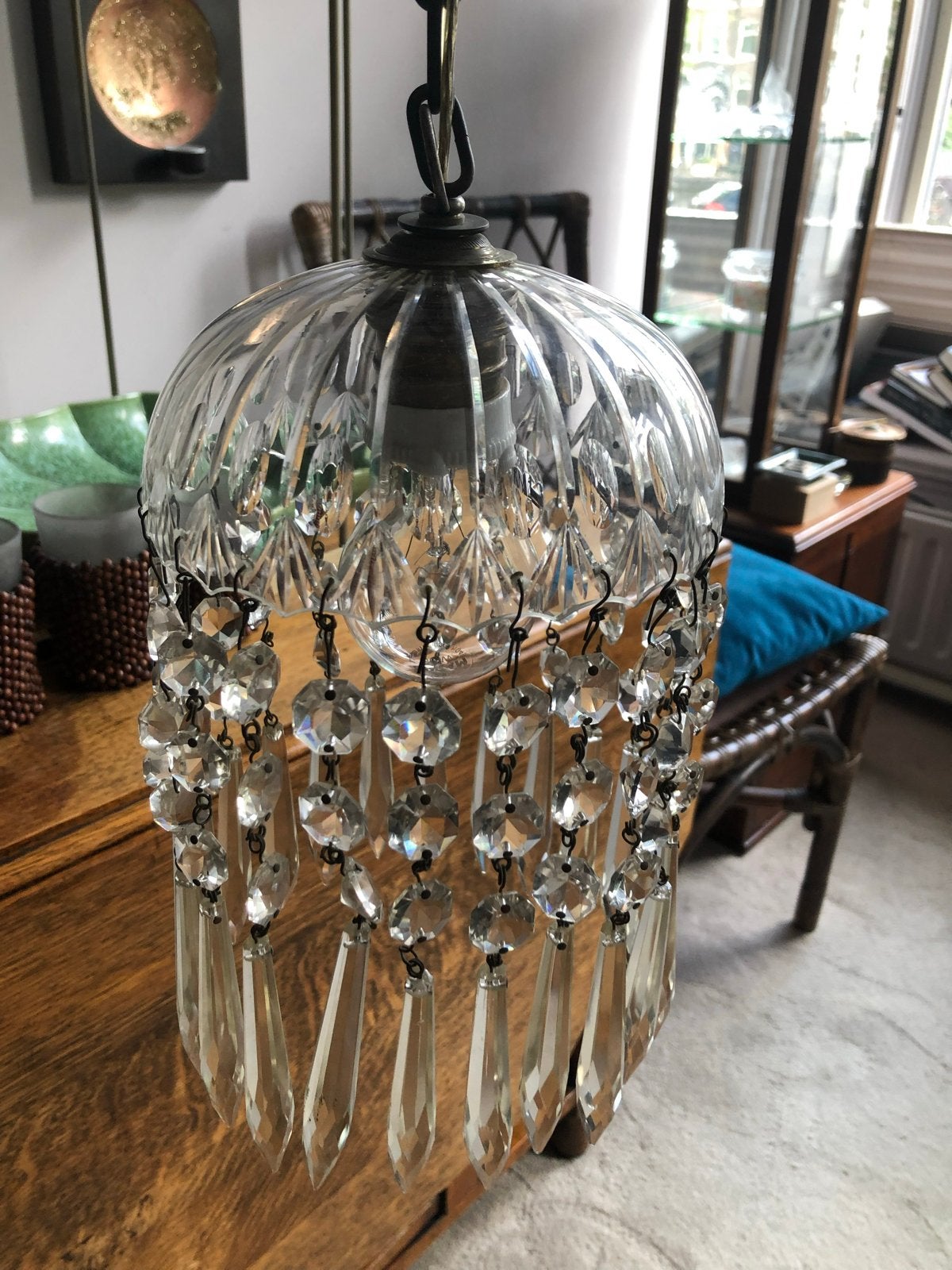 Vintage kristallen hanglamp met druppelvormige hangers, Antiek en Kunst, Antiek | Lampen, Ophalen
