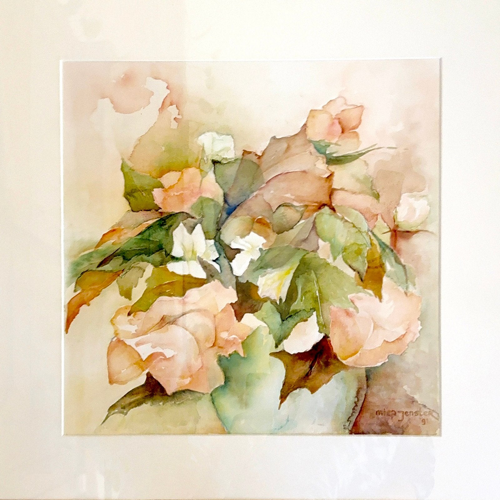 Aquarel/tekening Miep Jenster, bloemen in vaas, Overige stijlen, Gedateerd, Aquarel, Papier