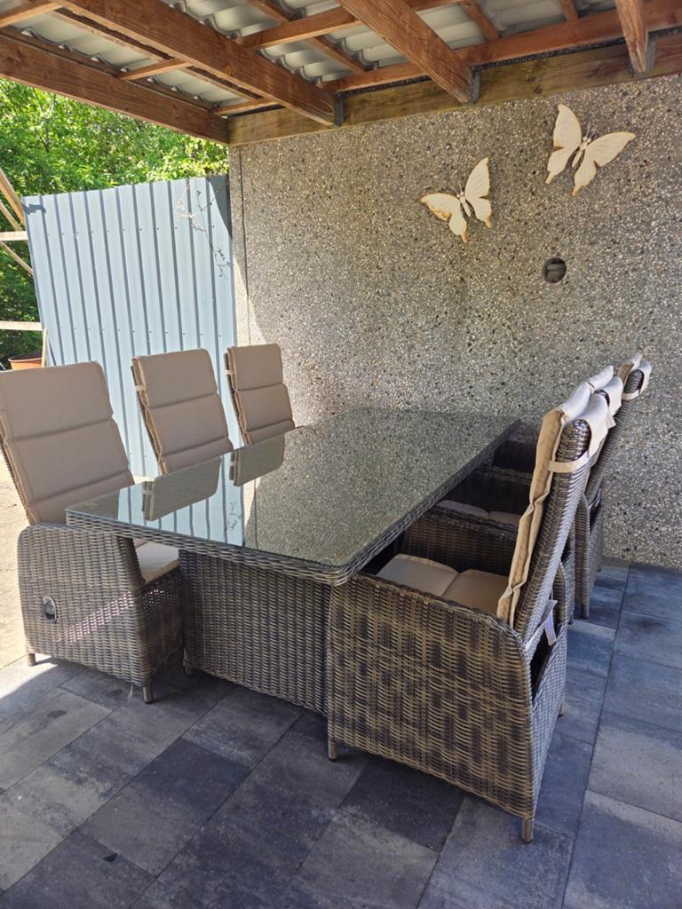 Tuinset 220x100 met 6 verstelbare stoelen en een glasplaat., Ophalen of Verzenden, Gebruikt, Aluminium