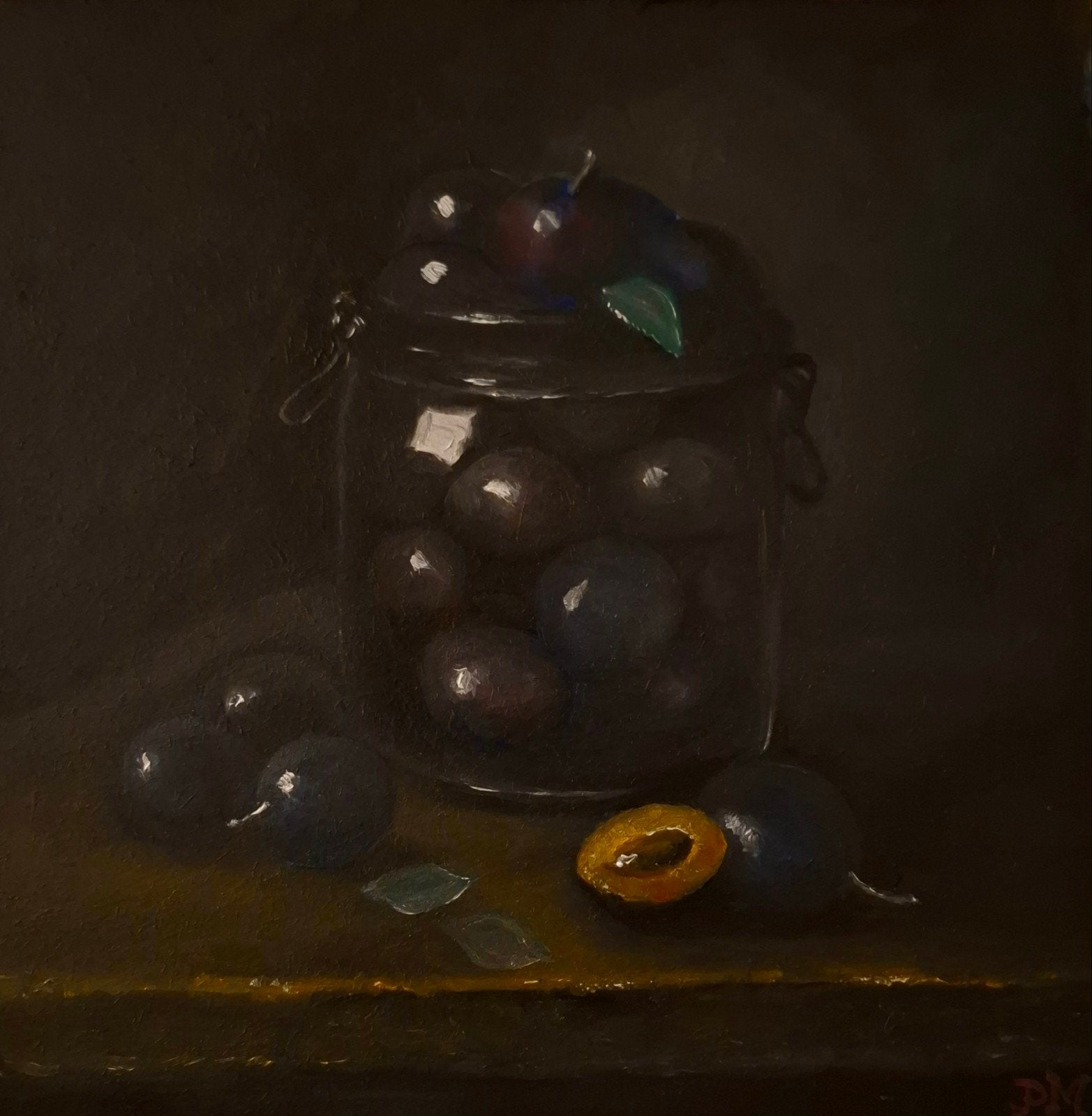 schilderij stilleven pruimen in weckfles, Ophalen of Verzenden