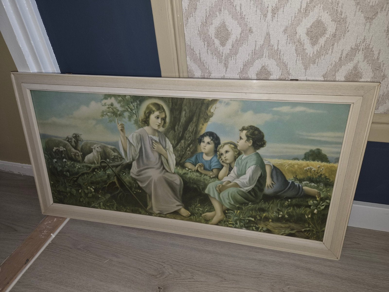 Klassiek print,, engel en kinderen in landschap, Portret of Personen, Achter glas, Ophalen of Verzenden, Klassiek