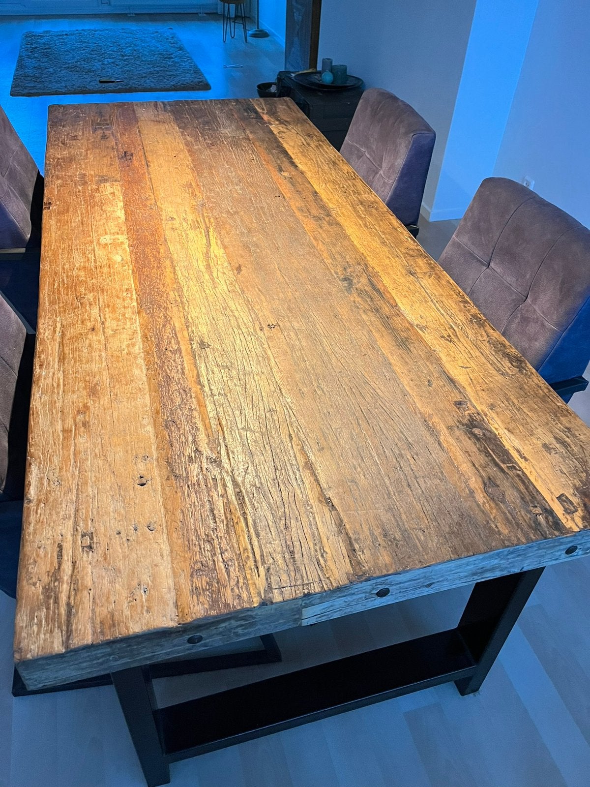 Massief houten eettafel met zwart stalen poten, Ophalen, Gebruikt, 200 cm of meer, 50 tot 100 cm