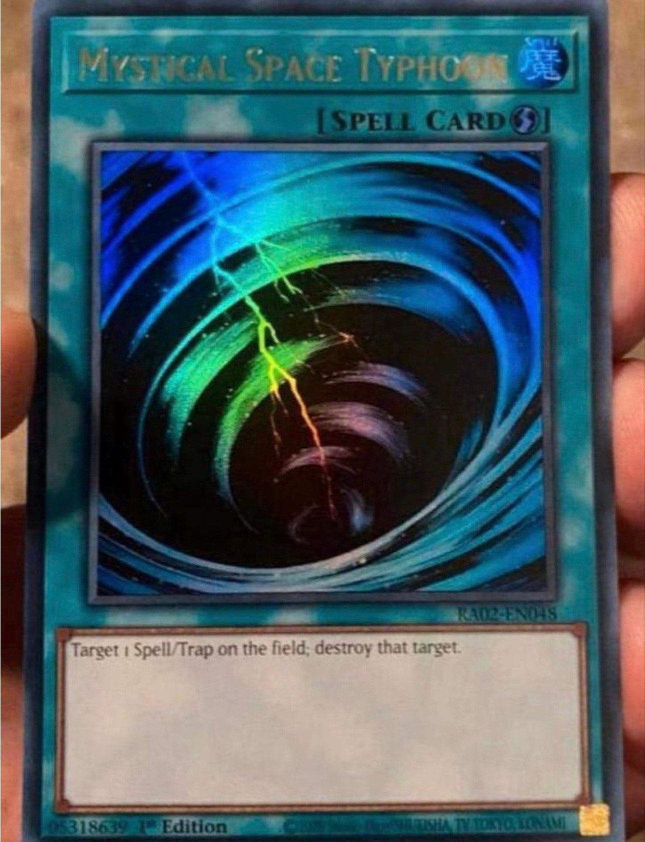 Yu-Gi-Oh! Mystical Space Typhoon RA02 1st Edition !, Ophalen of Verzenden, Zo goed als nieuw, Losse kaart, Foil