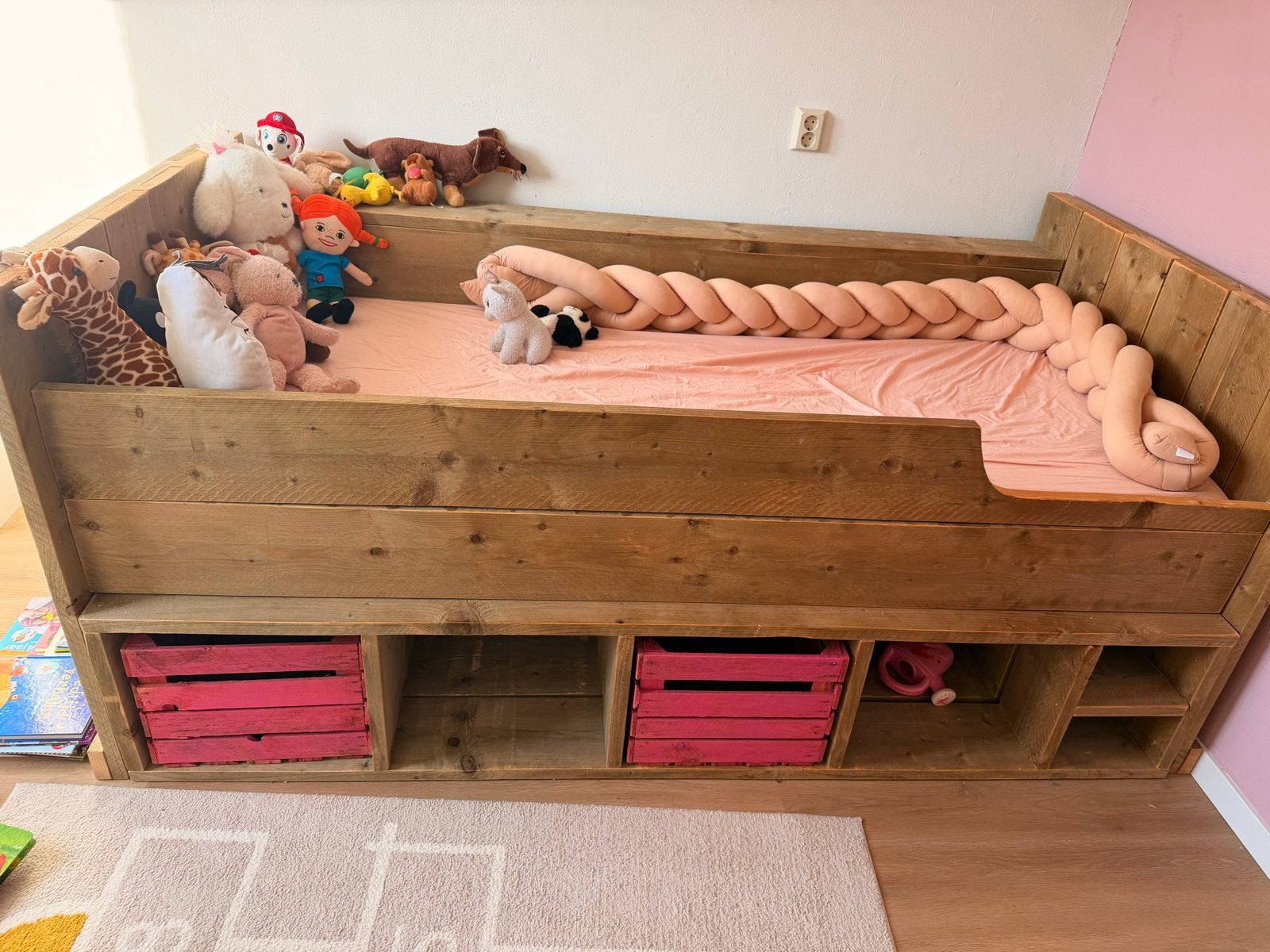 Houten eenpersoonsbed 210x90 cm met lattenbodem en kratjes, Ophalen, Gebruikt, 90 cm, Eenpersoons