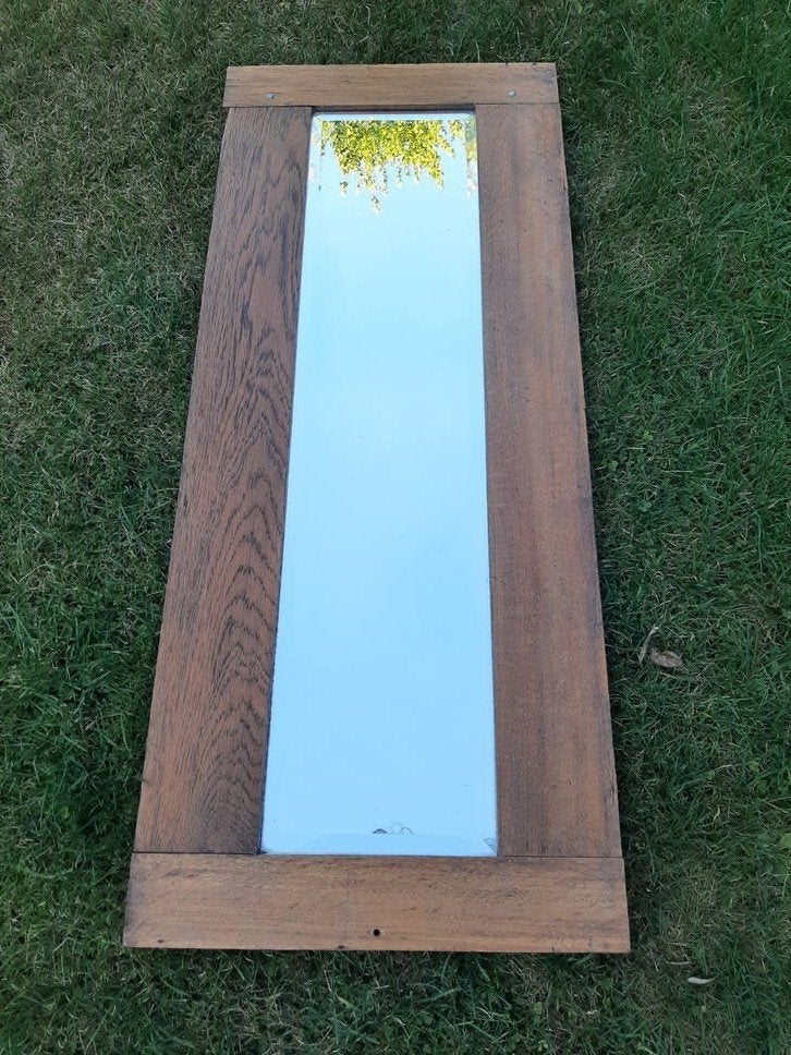 Oude spiegel, eikenhout, geslepen glas, 96,5 x 40 cm, Minder dan 50 cm, Gebruikt, Ophalen of Verzenden, Minder dan 100 cm