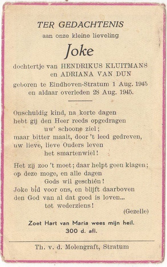 Joke Kluitmans 1945 Eindhoven-Stratum, 4 weken oud, Verzamelen, Bidprentjes en Rouwkaarten, Verzenden