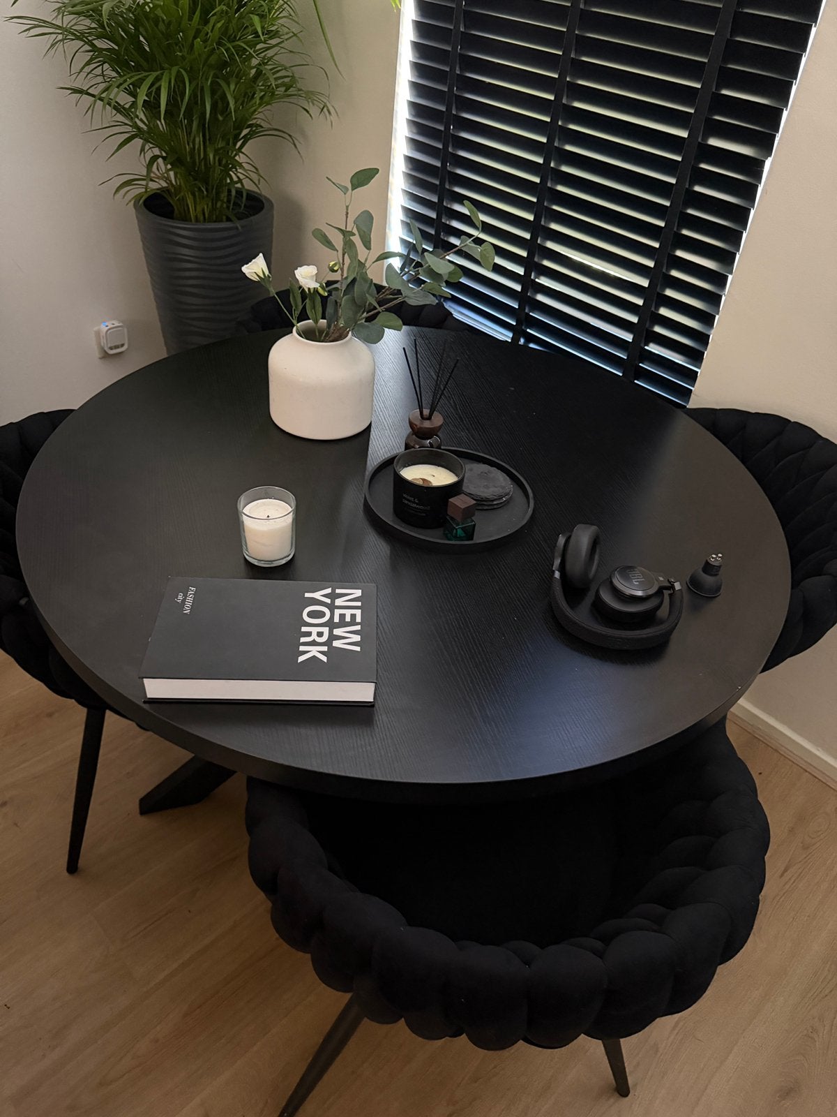ronde eettafel 120 cm met 4 wave stoelen - complete set, Ophalen, Gebruikt