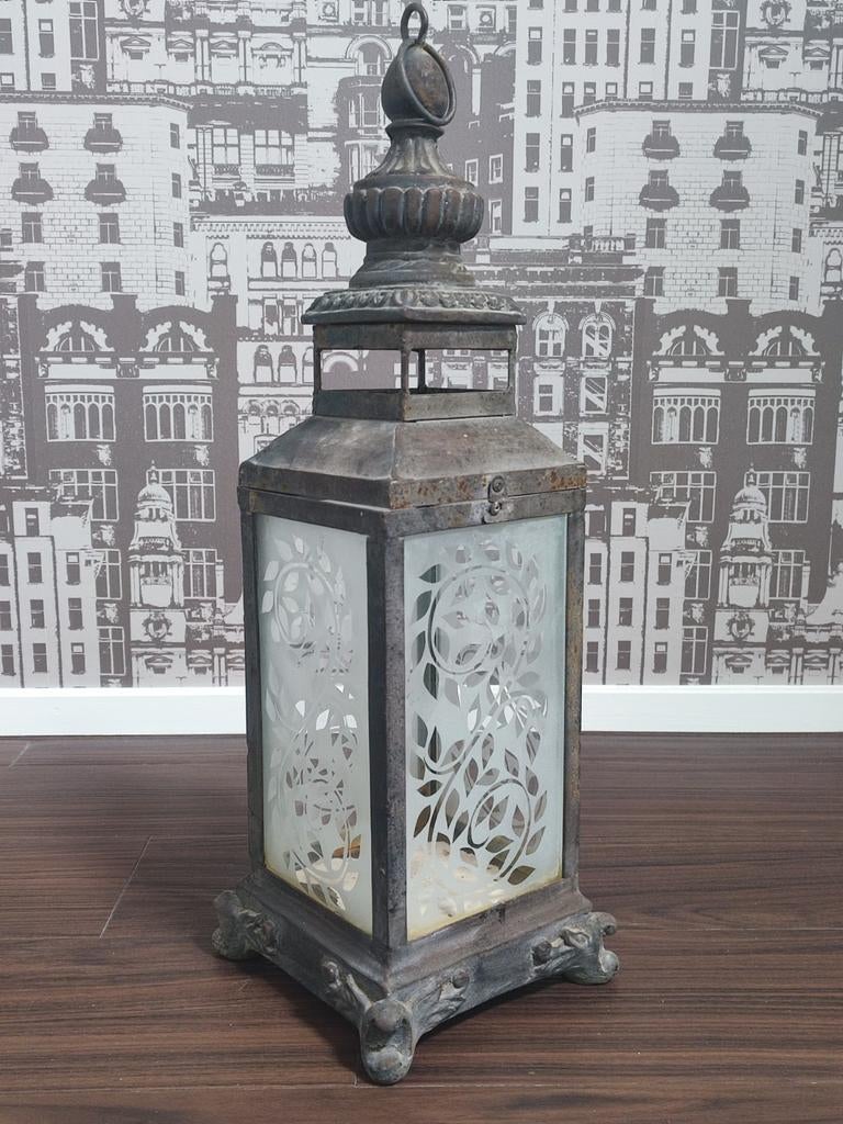 PTMD lantaarn met geëtst glas windlicht kandelaar, Antiek en Kunst, Ophalen of Verzenden