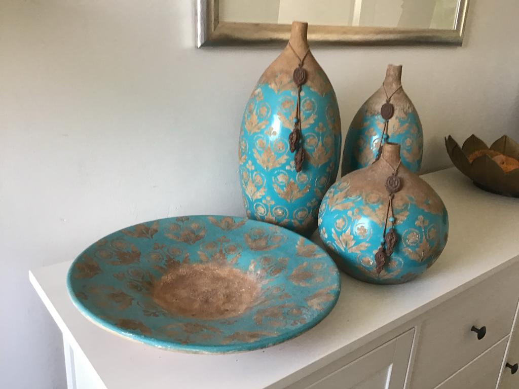 Decoratieve Keramische Vazen en Schaal - Turquoise/Goud., Ophalen of Verzenden
