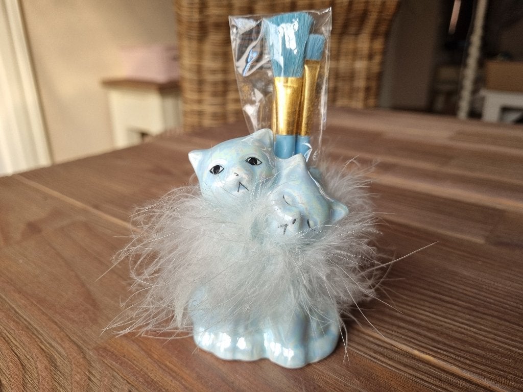 Zeldzame Vintage Poes Beeld Parelmoer Met Make Up Kwasten, Verzenden, Zo goed als nieuw, Dier