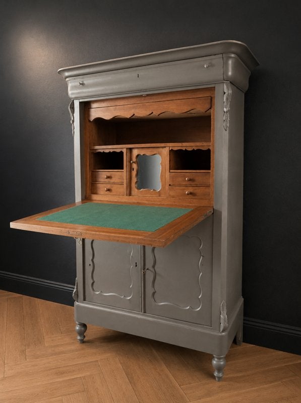 Antieke Biedermeier Secretaire, oude bureau kast taupe VdlM, Ophalen, Met lades, 117 cm, Hout
