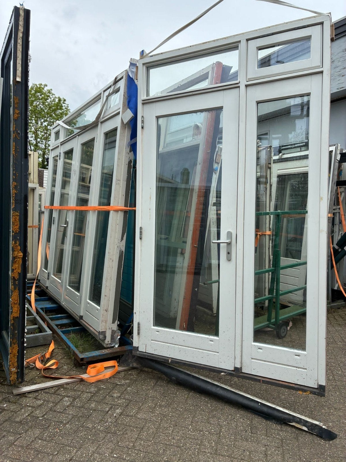 Kozijn met dubbele tuindeuren en zijlichten bovenlicht, Ophalen of Verzenden, Glas, 120 cm of meer, 215 cm of meer