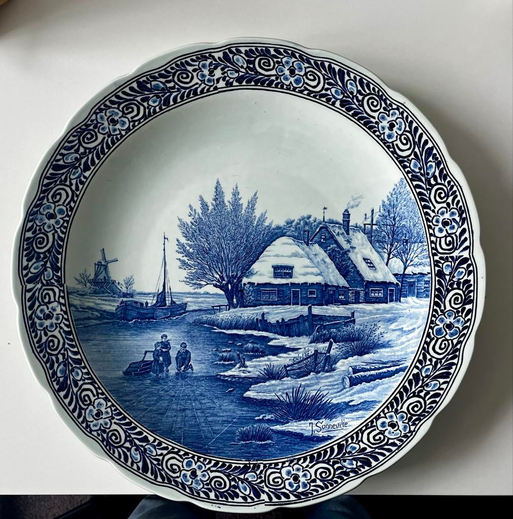 Groot Delfts blauw bord wintertafereel 40 cm, Ophalen of Verzenden