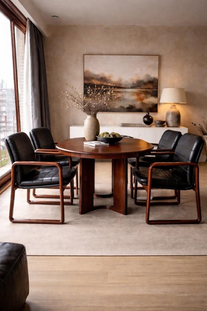 Set van 4 vintage design fauteuils – leer & hout – jaren ’70, Ophalen, 75 m² of meer, Laminaat