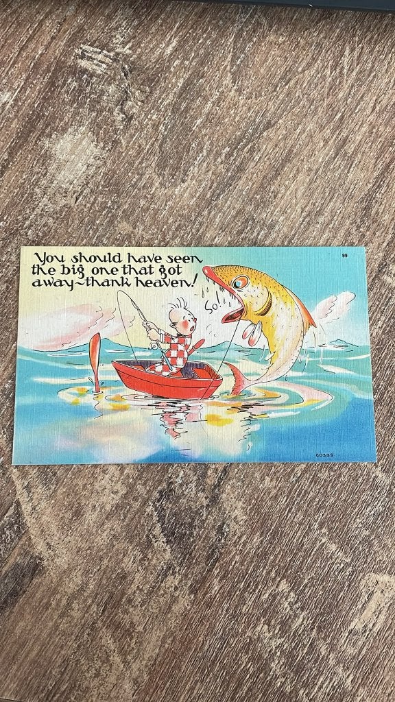 Vintage 1940s USA Linen Postcard Fishing Humor No. 99, Ophalen of Verzenden, 1940 tot 1960, Ongelopen, Overige thema's