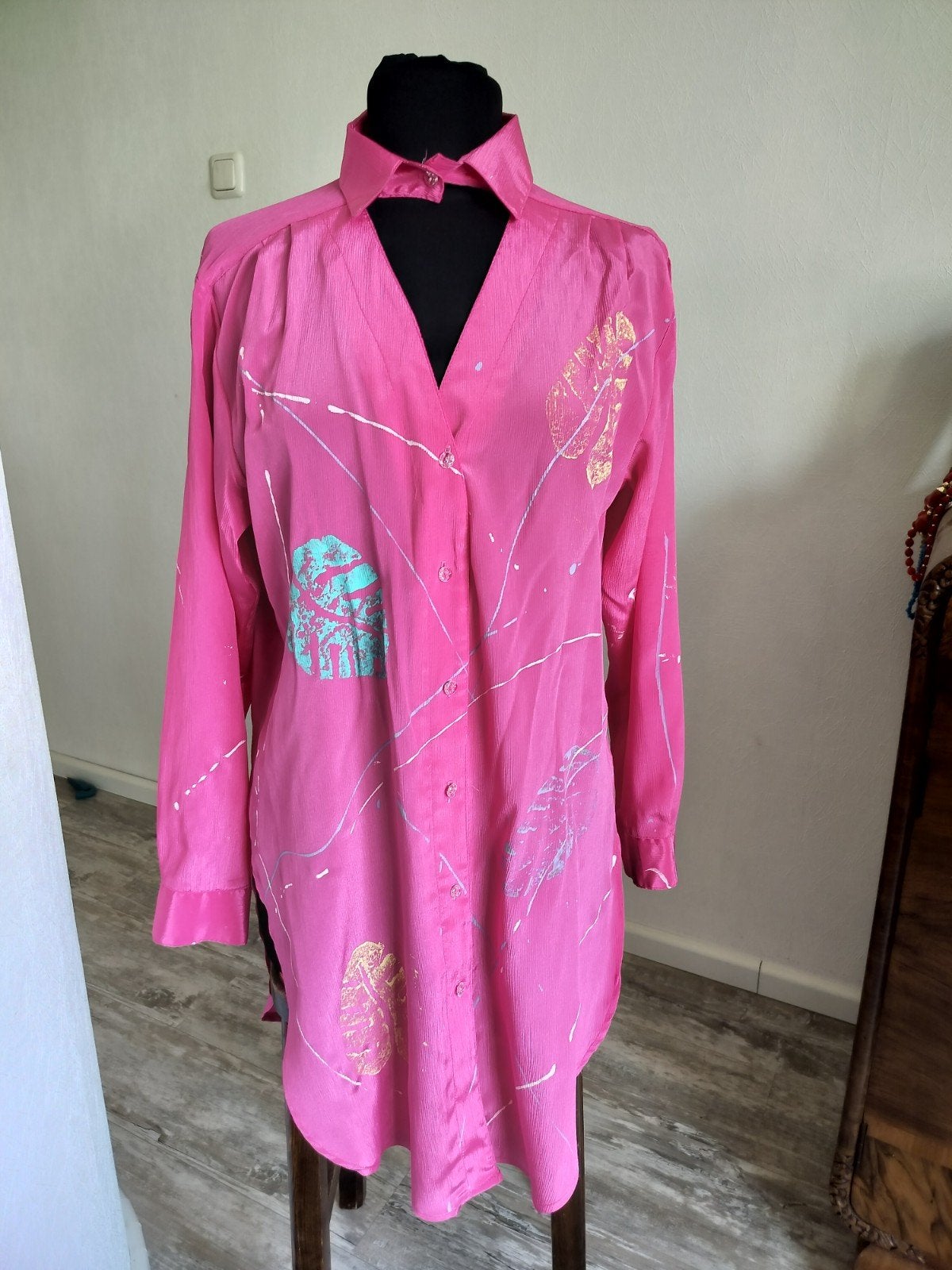 Vintage blouse met bladprint en verfspatten, Kleding | Dames, Ophalen of Verzenden, Zo goed als nieuw
